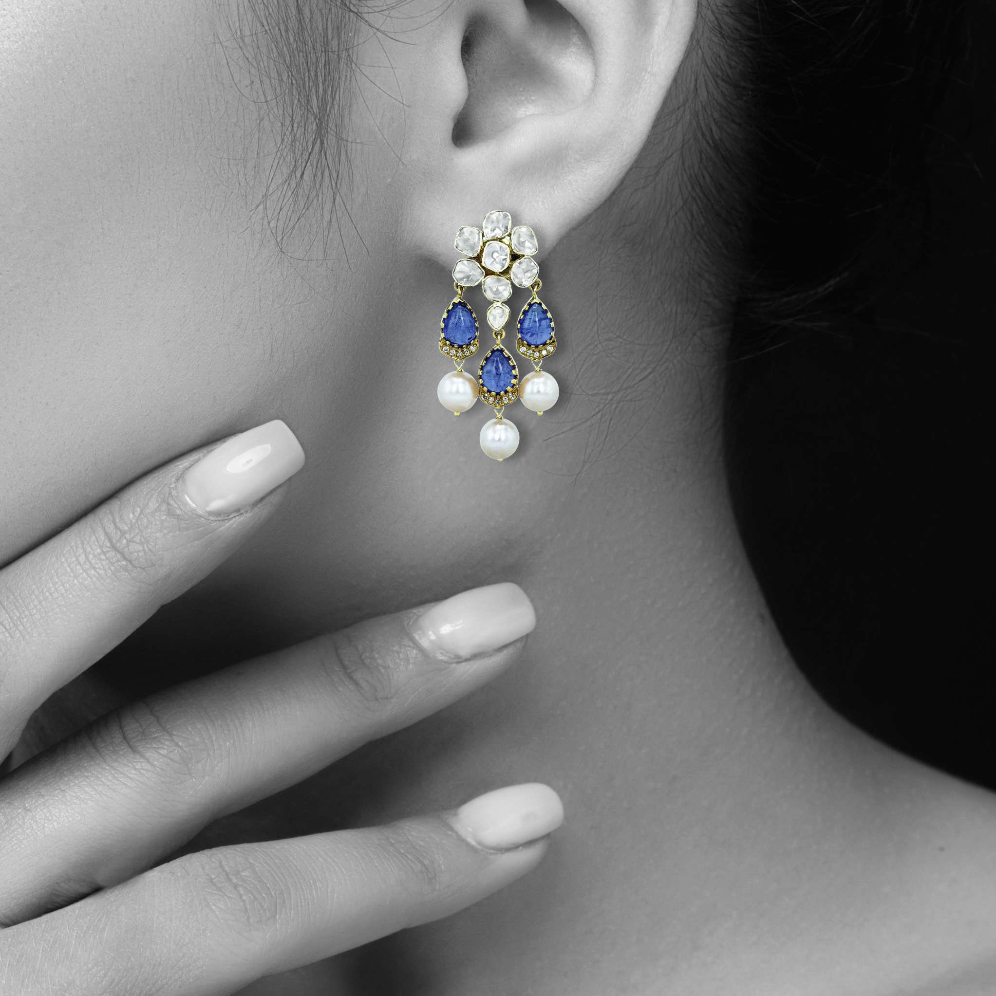 Tanzanite Necklace Set with Polki Diamonds and Pearl Drops